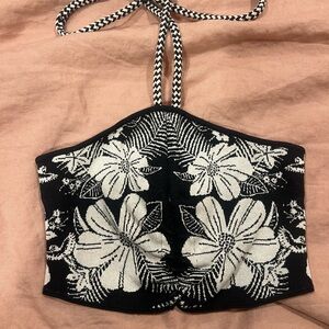 Farm Rio Macaw Black and White Floral Halter Top